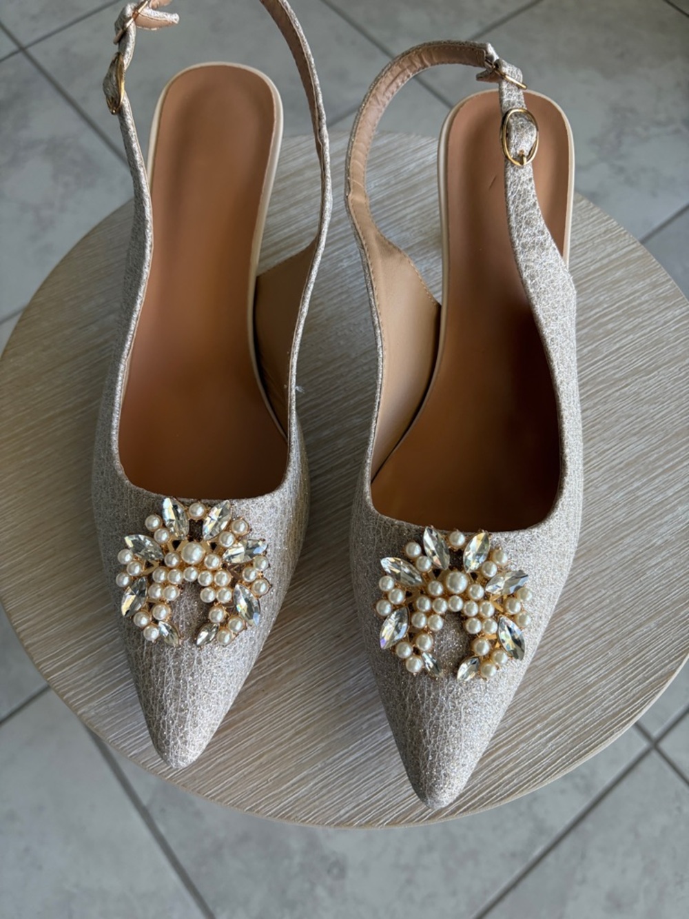 Pearl & Crystal Embellished Slingback Mules in Champagne